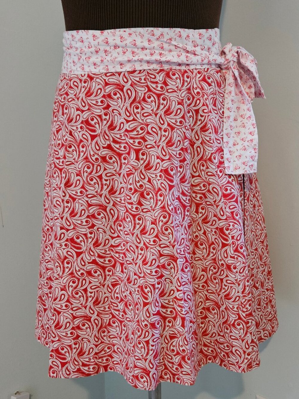 Handmade Red and White Wraparound Skirt, Size M